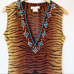 Michael Kors Silk Coverup Tunic Sleeveless Crystal & Turquoise Beading